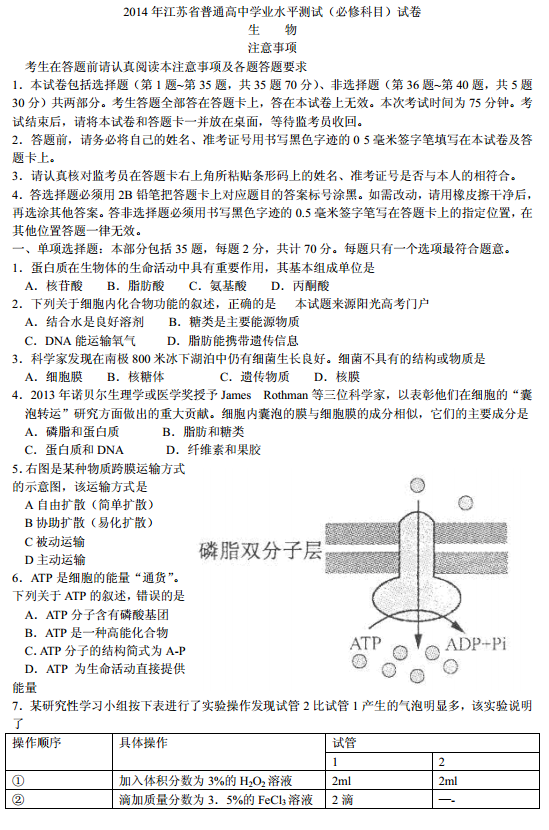 2014年江苏小高考生物考试试题答案下载
