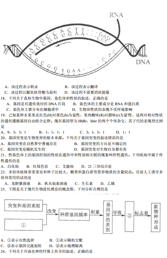 2014年江苏小高考生物考试试题答案下载