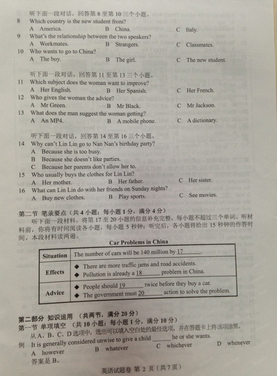2014湖南学业水平考试英语试题 湖南省普通高中学业水平考试试卷