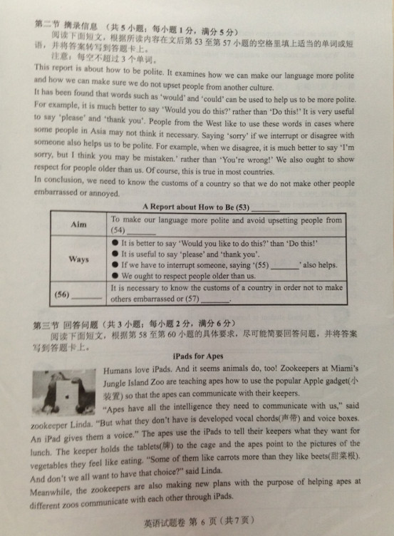 2014湖南学业水平考试英语试题 湖南省普通高中学业水平考试试卷