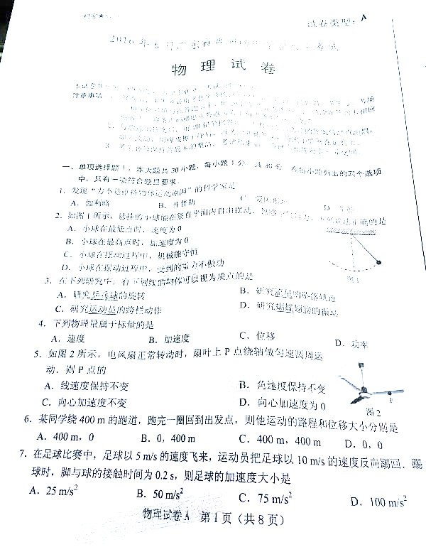 2016广东学业水平测试物理答案2016年6月广东省普通高中学业水平考试物理试题